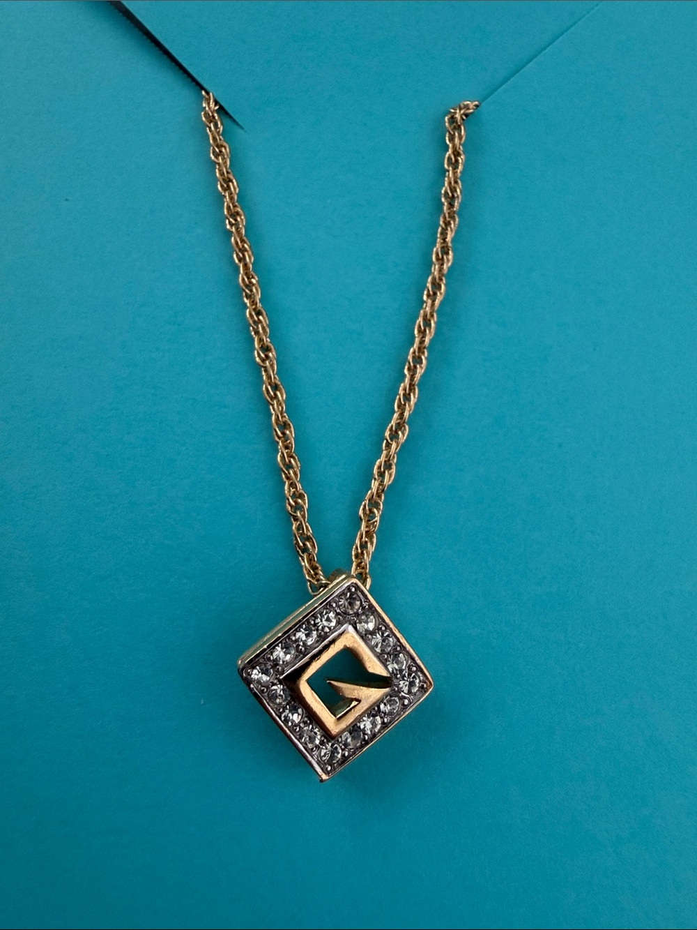 Givenchy Gold-Tone Square Pendant Necklace with Crystal Accents